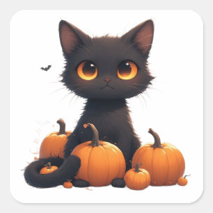 Adesivo Quadrado Gatinho Preto Com Abóbora de Colheita