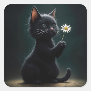 Adesivo Quadrado Gatinho Preto Com uma Margarida Branca
