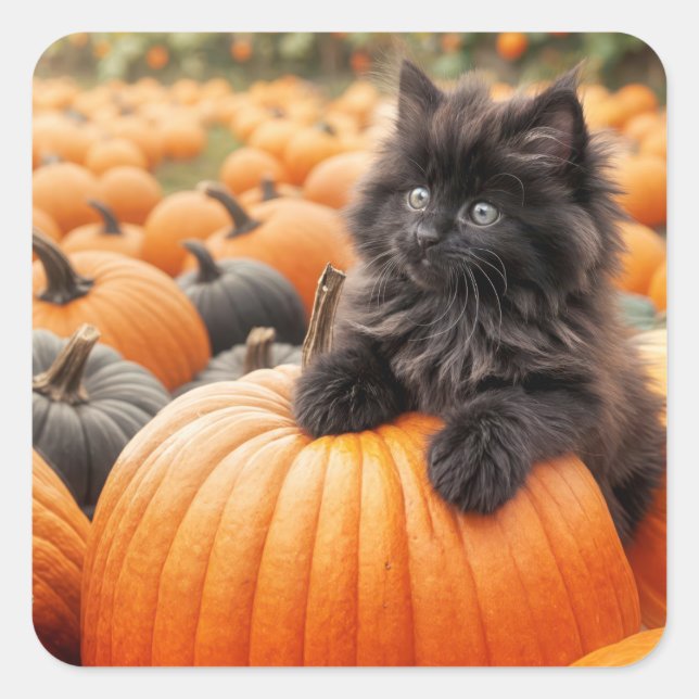 Adesivo Quadrado Gatinho Preto do Halloween num Pumpkin (Frente)