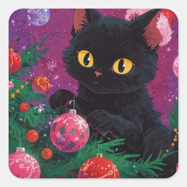 Adesivo Quadrado Gatinho Preto e Árvore de Natal (Frente)