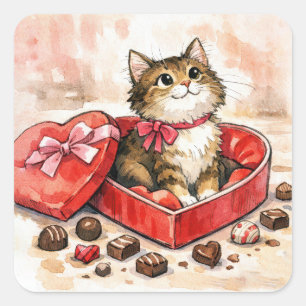 Adesivo Quadrado Gatinho Rajado Sentado em uma Caixa de Doces