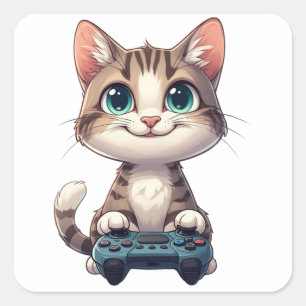 Adesivo Quadrado Gatinho Segurando Controle de Jogo Gato Gamer Sorr