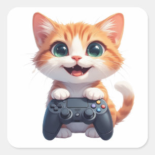 Adesivo Quadrado Gatinho Segurando Controle de Jogo Sorriso Gamer G