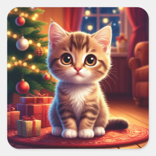 Adesivo Quadrado Gatinho Sentado ao Lado da Árvore de Natal Ilumina