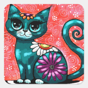 Adesivo Quadrado Gatinho Whimsso Sentado em Rã Teal Floral
