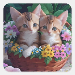 Adesivo Quadrado Gatinhos de corte fofinho em uma cesta de flores