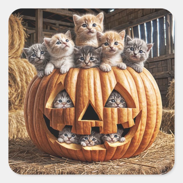 Adesivo Quadrado Gatinhos Na Pumpkin Do Halloween (Frente)