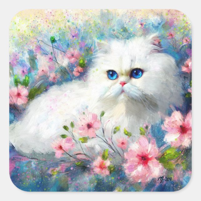 Adesivo Quadrado Gatinhos Persa Brancos Olhos Azuis de Gatinho Azul (Frente)