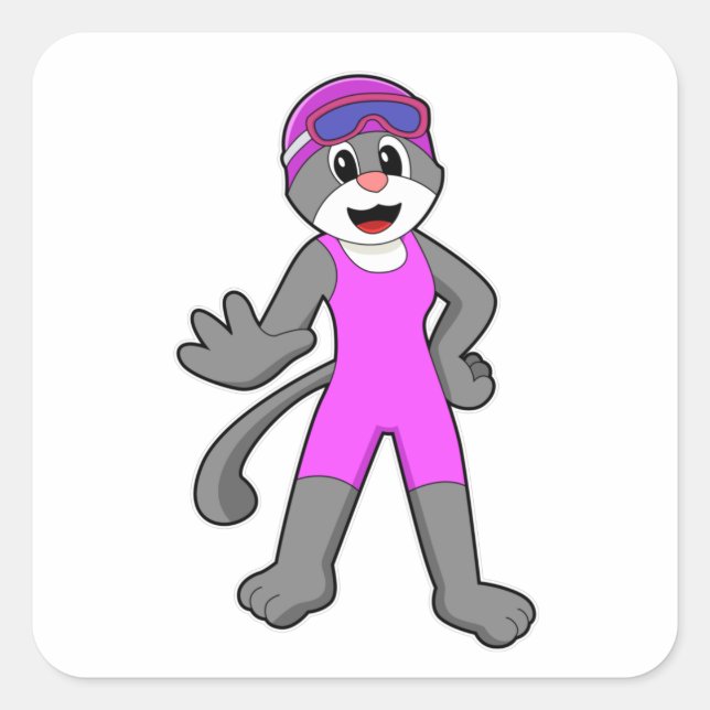 Adesivo Quadrado Gato a Nadar com maiô (Frente)