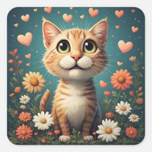 Adesivo Quadrado Gato Adorável Com Flores Corações E Olhar Alegre 
