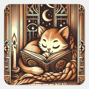 Adesivo Quadrado Gato Adormecido Estilo Art Déco Com Um Livro