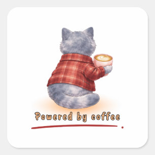 Adesivo Quadrado Gato "Alimentado por Café" Segurando Uma Xícara de