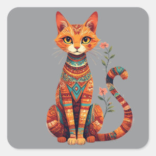 Adesivo Quadrado Gato Artístico Fofo com Ramo Floral