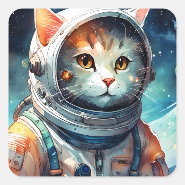 Adesivo Quadrado Gato Astronauta Adorável (Frente)