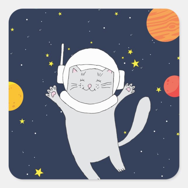 Adesivo Quadrado Gato Astronauta Animal Com Capacete Espacial Clipa (Frente)