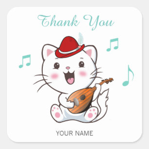 Adesivo Quadrado Gato Bardo Musical com Mandolim Obrigado Quadrado