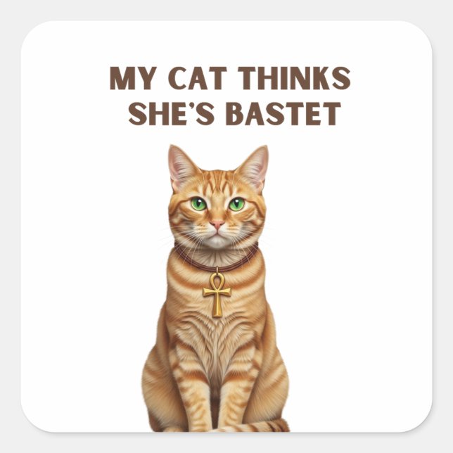 Adesivo Quadrado Gato Bastet Ancião Premium Sticker Dourado Ankh (Frente)