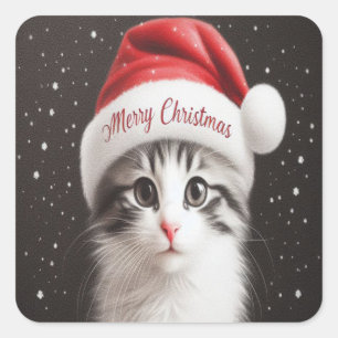 Adesivo Quadrado Gato Bobtail japonês de Natal, Gatinho Papai noel