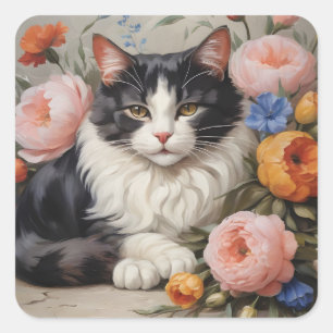 Adesivo Quadrado Gato bonito e flores