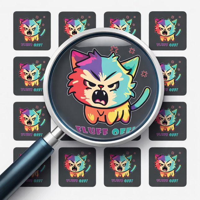 Adesivo Quadrado Gato bonito e zangado a assombrar o Fluff Off. (Cute angry cat hissing Fluff Off. Square Sticker)