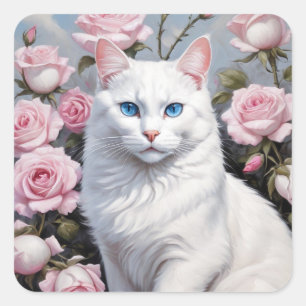 Adesivo Quadrado Gato branco bonito e rosas rosa