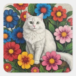 Adesivo Quadrado Gato Branco Fofinho e Flores de Arte Popular