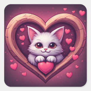 Adesivo Quadrado Gato Branco Fofo com Coração Desenho de Kawaii Kit