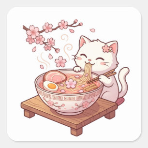 Adesivo Quadrado Gato Branco Fofo Comendo Ramen de Sakura