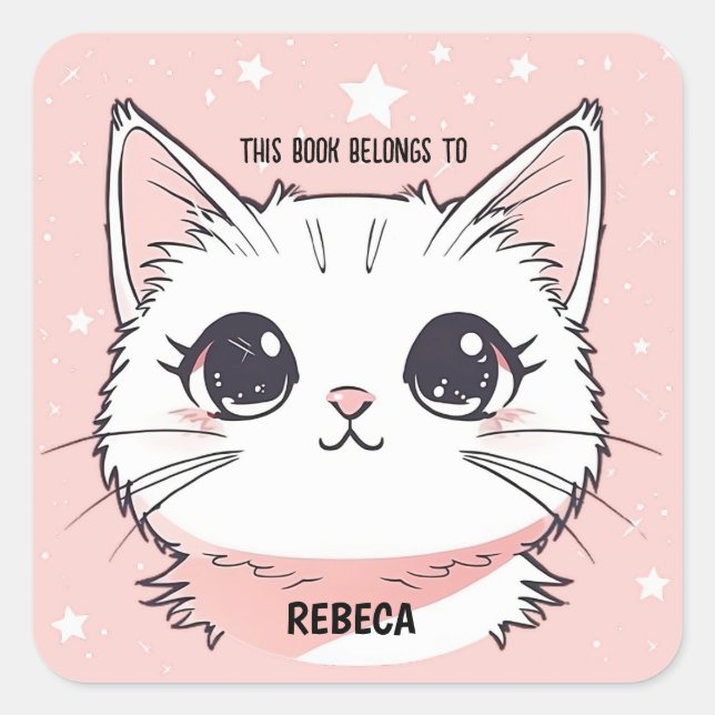 Adesivo Quadrado Gato Branco Fofo Estrelas Rosa (Frente)