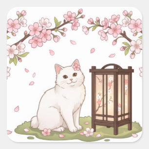 Adesivo Quadrado Gato Branco & Lanterna de Sakura