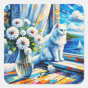 Adesivo Quadrado Gato Branco na Janela ainda olhando para o Oceano
