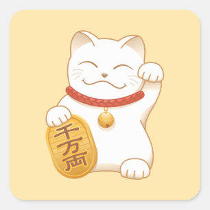 Adesivo Quadrado Gato Branco Sortudo Japonês, Maneki Neko