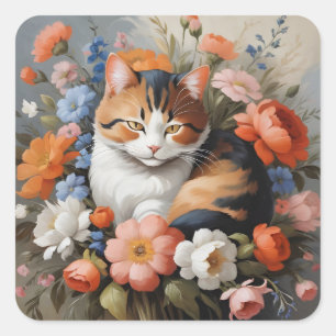 Adesivo Quadrado Gato calico fofo e flores
