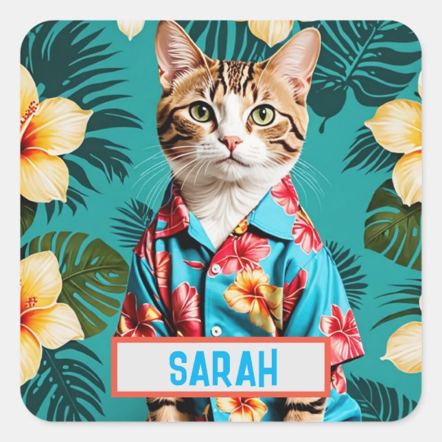 Adesivo Quadrado Gato, camisa havaiana Sticker, gata amante, adesiv (Frente)