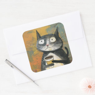 Adesivo Quadrado Gato Cinza com Café em Ocre