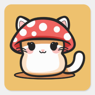 Adesivo Quadrado Gato Cogumelo Kawaii