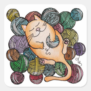 Adesivo Quadrado Gato com Ball of Yarn Fun Cartoon