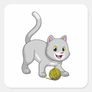 Adesivo Quadrado Gato com bola de fio de lã