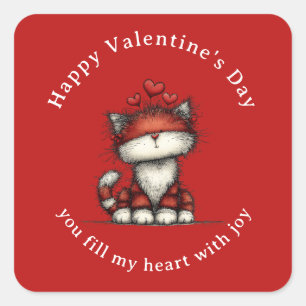 Adesivo Quadrado Gato com Corações de Amor Vermelhos Fofo Dia dos N
