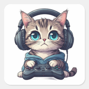 Adesivo Quadrado Gato com fones de ouvido e controle