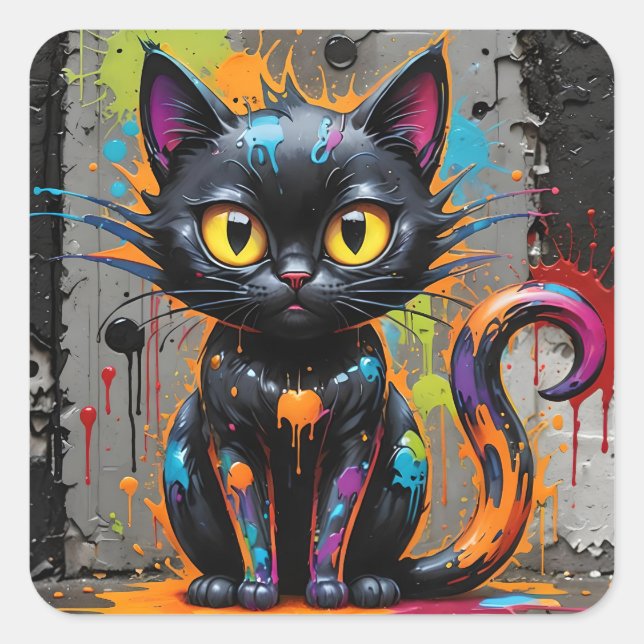 Adesivo Quadrado Gato com respingos de arco-íris preto (Frente)