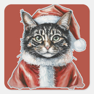 Adesivo Quadrado Gato Com Roupa De Pai Natal - Natal 1