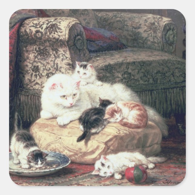 Adesivo Quadrado Gato com seus gatinhos em uma almofada (Frente)