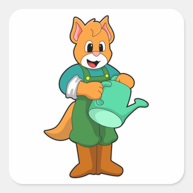 Adesivo Quadrado Gato como agricultor com lata de abeberamento (Frente)