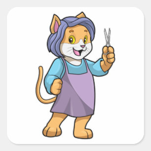 Adesivo Quadrado Gato como cabeleireiro com tesoura