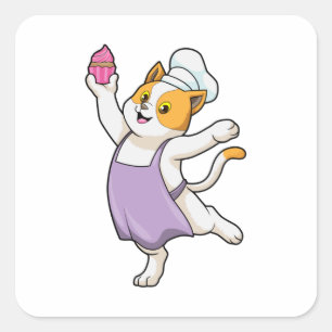 Adesivo Quadrado Gato como cozinheiro com placa de Cozinhar e Muffi