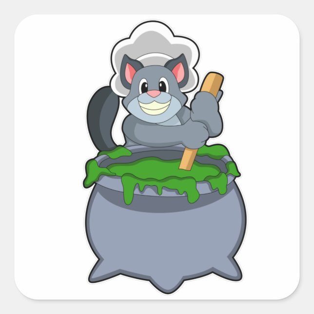 Adesivo Quadrado Gato como cozinheiro com poção mágica (Frente)