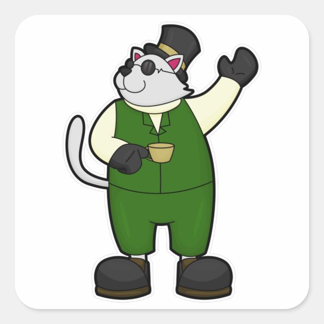 Adesivo Quadrado Gato como noivo com café e chapéu (Frente)