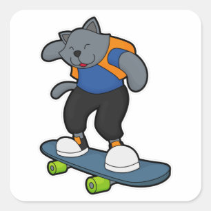 Adesivo Quadrado Gato como skateboarder com skate