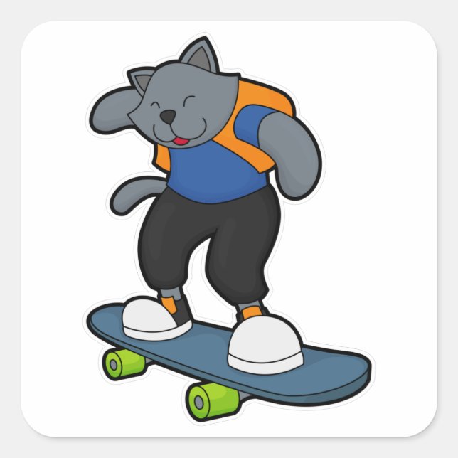 Adesivo Quadrado Gato como skateboarder com skate (Frente)